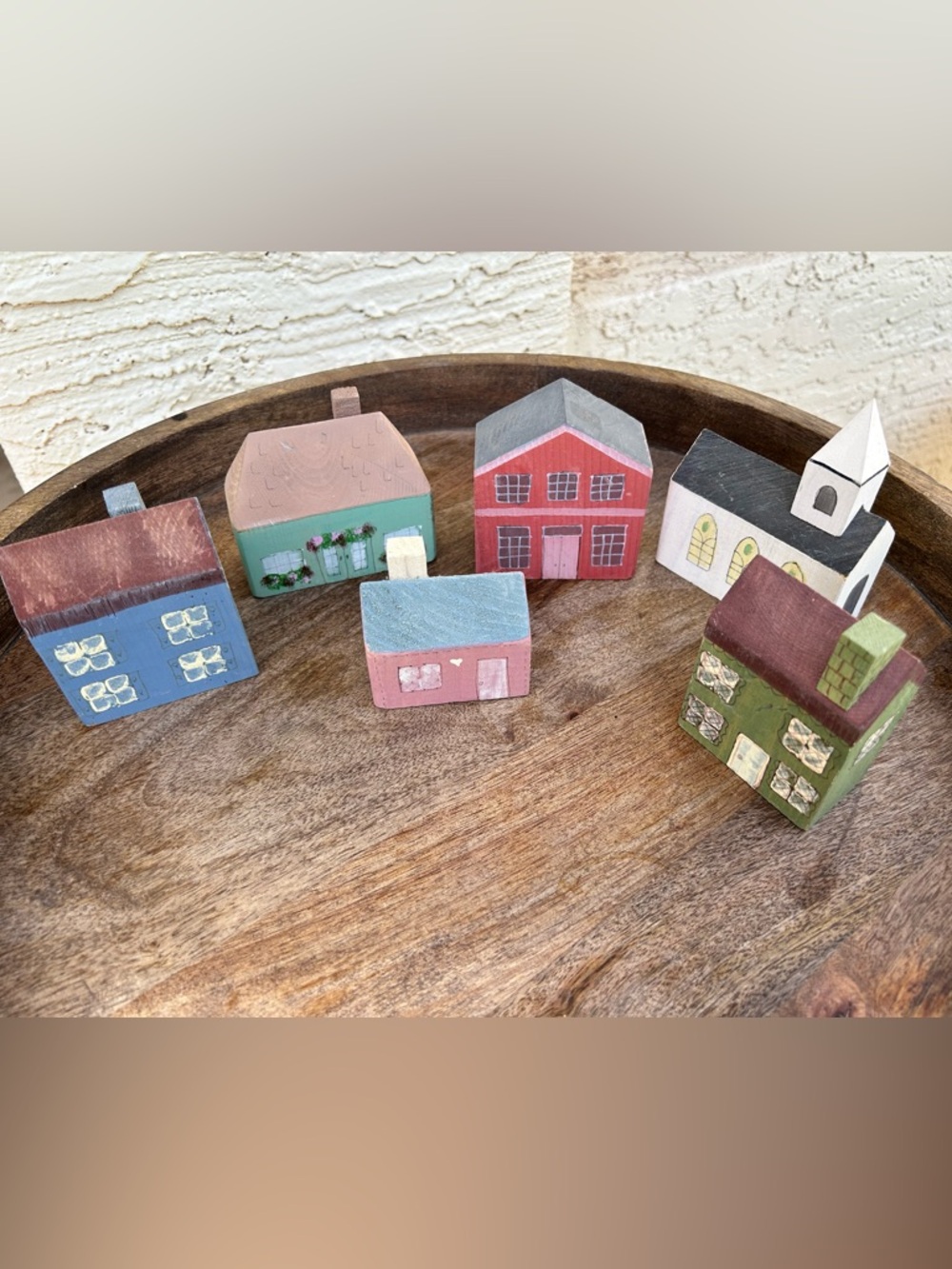 Hand-Painted Wooden Village House Set in Pastel Tones